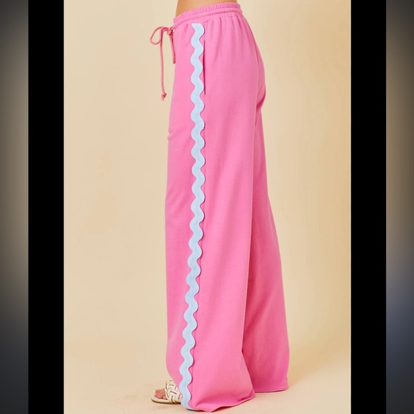 Womens Main Strip Set Shirt and Pants Ric Rac Trim  Pink and Blue Cozy Medium - Picture 3 of 10